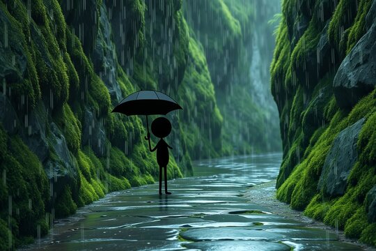A lone figure holds an umbrella, standing on a mossy stone path through a rain-soaked forest gorgesilhouetted against vibrant green cliffs and falling droplets, evoking solitude and tranquility in nat - Powered by Adobe