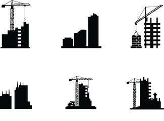 Obraz premium Urban construction silhouette vector, city skyline development, cranes and buildings, architectural progress, black graphic icon, infrastructure growth, high-rise illustration, engineering tools