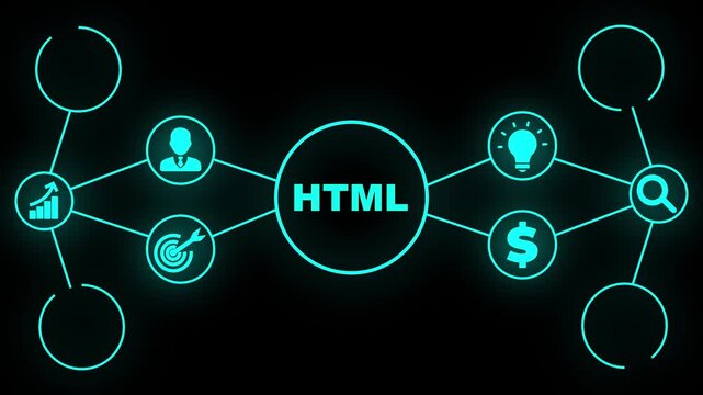 HTML network diagram with HTML at center and global connections HTML hypertext markup language. Business, Technology, Internet and network concept.