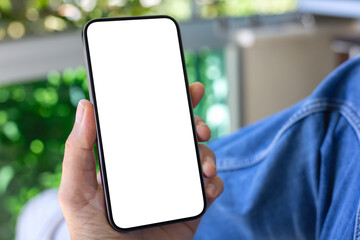 man hand hold phone with isolated screen background jeans cafe