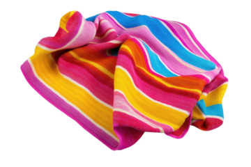 Colorful striped fabric draped and folded isolated on transparent background. Colorful beach towel with sharp clear stripes isolated on white background.