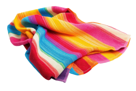 Colorful striped fabric draped and folded isolated on transparent background. Colorful beach towel with sharp clear stripes isolated on white background.