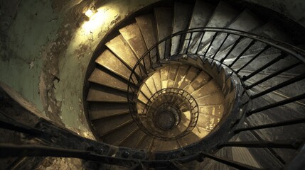 Fototapeta premium Spiral Staircase in Dimly Lit Space Showing Aging Texture and Worn Steps with Unique Architectural Detail and Atmospheric Lighting