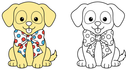 Adorable yellow puppy wearing a colorful polka-dot bow tie, sitting happily – perfect for a charming children's coloring book illustration.