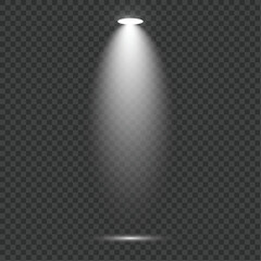 Bright spotlight beam shining down with subtle shadow effect on transparent grid background