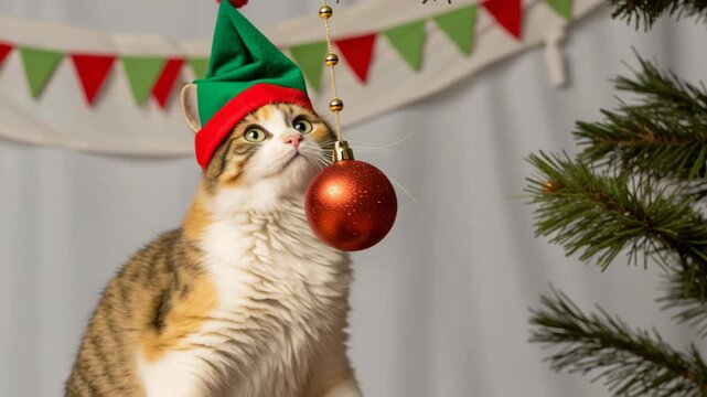 Christmas pet outfit. Curious Cat in Festive Elf Hat Playfully Reaches for Red Christmas Ornament on Tree, Creating Holiday Scene
