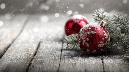 Red Christmas ornaments on a wooden surface with snowflakes falling. Pine branches are present, creating a festive winter atmosphere.