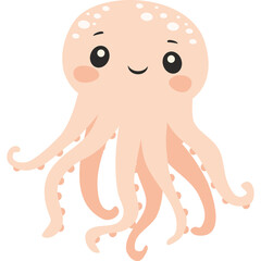 Cute Cartoon Pink Octopus with Tentacles and Big Eyes on Transparent Background Vector Illustration