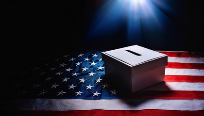 a light shining on a voting box placing on usa flag in the dark; free space for text