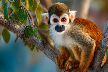 Obraz premium Squirrel monkey perches on a branch surrounded by green leaves in natural habitat setting