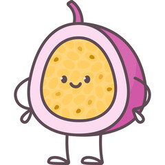 Cute Cartoon Passion Fruit Character with a Smiling Face and Standing Pose Against a White Background