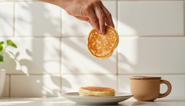 Hand placing pancake on plate beside cup of coffee in kitchen