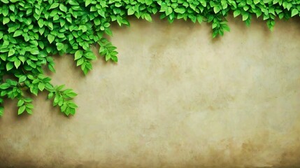 Green leaves hanging on textured beige wall background with natural minimal design. Generative AI.
