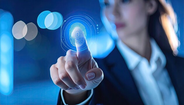 Young woman in dark suit touches glowing blue digital fingerprint scanner for biometric identification security concept at night with bokeh lights background