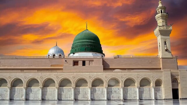 Al-Masjid an-Nabawi Madinah | Glorious Prophet&rsquo;s Mosque under Golden Sunset Sky

Prophet Muhammad&rsquo;s Mosque in Madinah | Green Dome and Minarets at Twilight Reflection