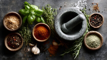 Aromatic Spices and Herbs for Cooking, Spice Collection Flatlay, Natural Ingredients for Cooking and Baking