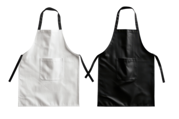 Aprons one white one black isolated on transparent background. White and black aprons mockup modern black and white apron isolated on white background.