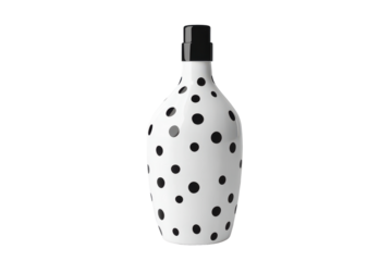 White ceramic bottle with black polka dots isolated on transparent background. White pump bottle with black dots mockup isolated on white background.