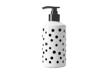 White ceramic bottle with black polka dots isolated on transparent background. White pump bottle with black dots mockup isolated on white background.