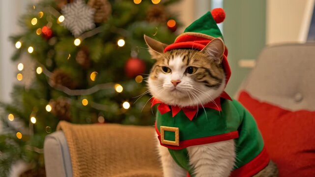 Christmas pet outfit. Cozy Holiday Atmosphere Cat in Festive Elf Costume Sits on Chair Beside Decorated Christmas Tree, Creating Joyful Vibes
