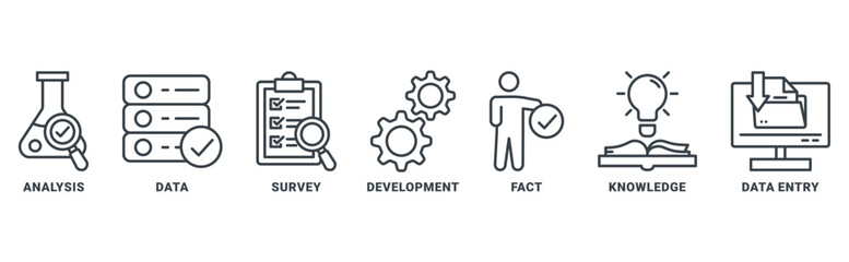 Research icon set vector concept with icon of analysis, data, survey, development, fact, knowledge and data entry 