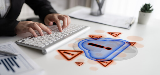 Red alert triangles over a blue cloud icon, symbolizing cloud security threats, system warnings,...