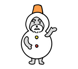 雪だるまの着ぐるみを着た手描きの犬