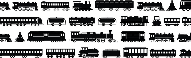 Train silhouette vector set, steam locomotive, modern railcar, freight wagon, tanker, caboose icons, black transport illustration, railway vehicle design, vintage style