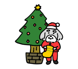 クリスマスツリーと靴下を持った手描きの犬