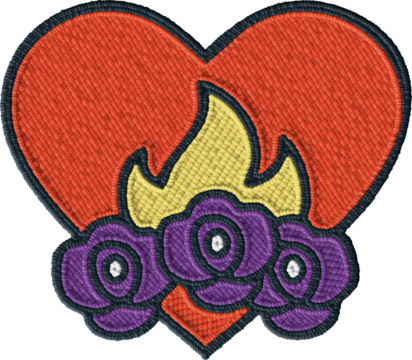 Embroidered Colorful Heart With Flames and Roses Illustration