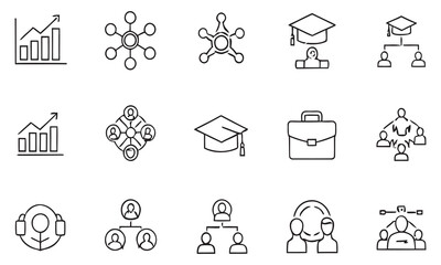 Thin line vector icon set illustrating corporate structure, human resources, business growth, and education