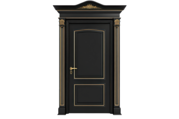 Ornate dark wood door with gold accents isolated on transparent background. Black door with gold trim isolated on white background.