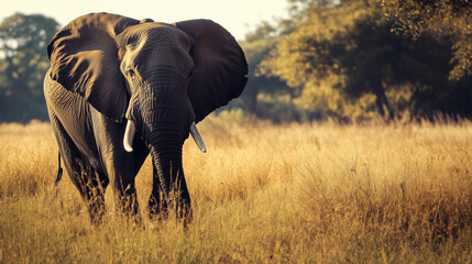 Obraz premium A huge elephant bull approaches in golden light