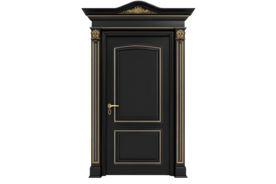 Ornate dark wood door with gold accents isolated on transparent background. Black door with gold trim isolated on white background.