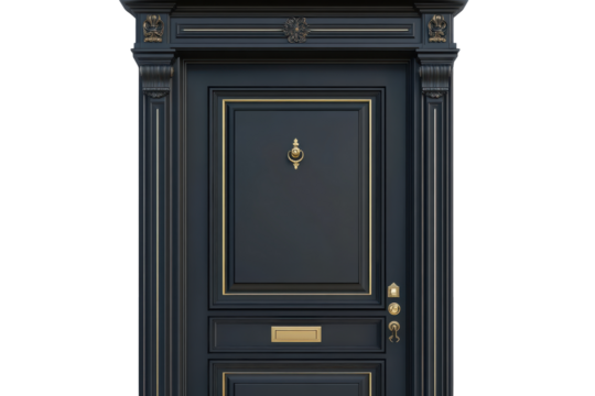 Ornate dark wood door with gold accents isolated on transparent background. Black door with gold trim isolated on white background.