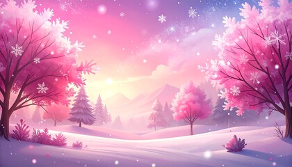 Pink and purple winter landscape with snow covered ground, trees with blooms and a soft sky