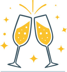 Champagne glasses clinking with festive sparkles and stars