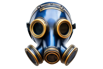 Blue and gold vintage gas mask isolated on transparent background. Blue and gold gas mask isolated on white background.