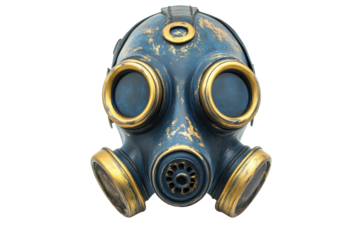 Blue and gold vintage gas mask isolated on transparent background. Blue and gold gas mask isolated on white background.