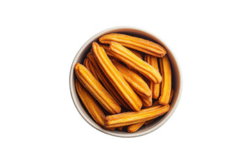 Naklejka premium Bowl of golden fried churros isolated on transparent background. Bowl of churros on white background.