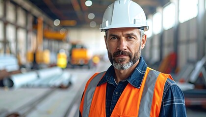 Man in hardhat & vest in an industrial setting, focused on the camera, blurred background, equipment