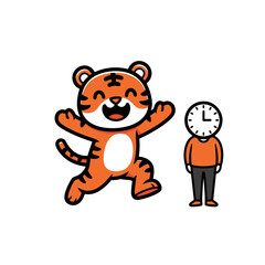 Fototapeta premium Joyful tiger jumping near person with clock