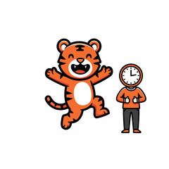 Fototapeta premium Cute tiger with small figure and clock