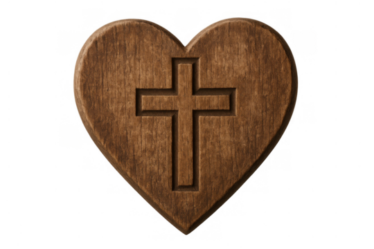 Wooden heart with christian cross carving symbolizing love, faith, religion, and spiritual devotion, on transparent background - Powered by Adobe