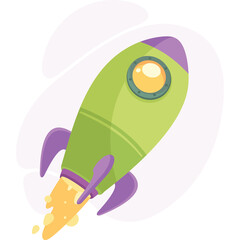 Green Rocket Ship With Purple Fins Launching With Orange Flames And Smoke Against A Light Purple Background With White Swirls On A Transparent Background Detailed Vector Illustration