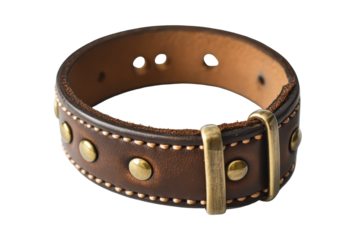 Brown leather dog collar with brass buckle isolated on transparent background. Brown leather wrist band with gold rivets isolated on white background.