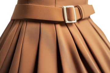 Close up of a brown leather belt and pleated skirt isolated on transparent background. Brown skirt with a belt on white background.