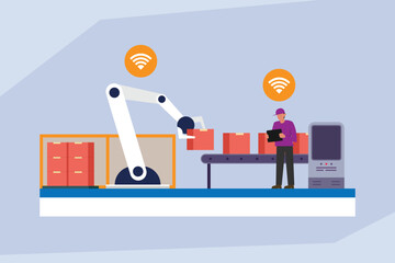 Smart Factory Automation: Robotic Arm and Worker Managing Packages on a Conveyor Belt with Wireless Connection 2d flat vector illustrations