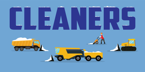 Winter Road Cleaners and Snow Removal Service with Plow Trucks and Man Operating a Snow Blower 2d flat vector illustrations