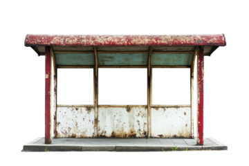 Old weathered bus stop shelter isolated on transparent background. Bus stop with a roof isolated on white background.